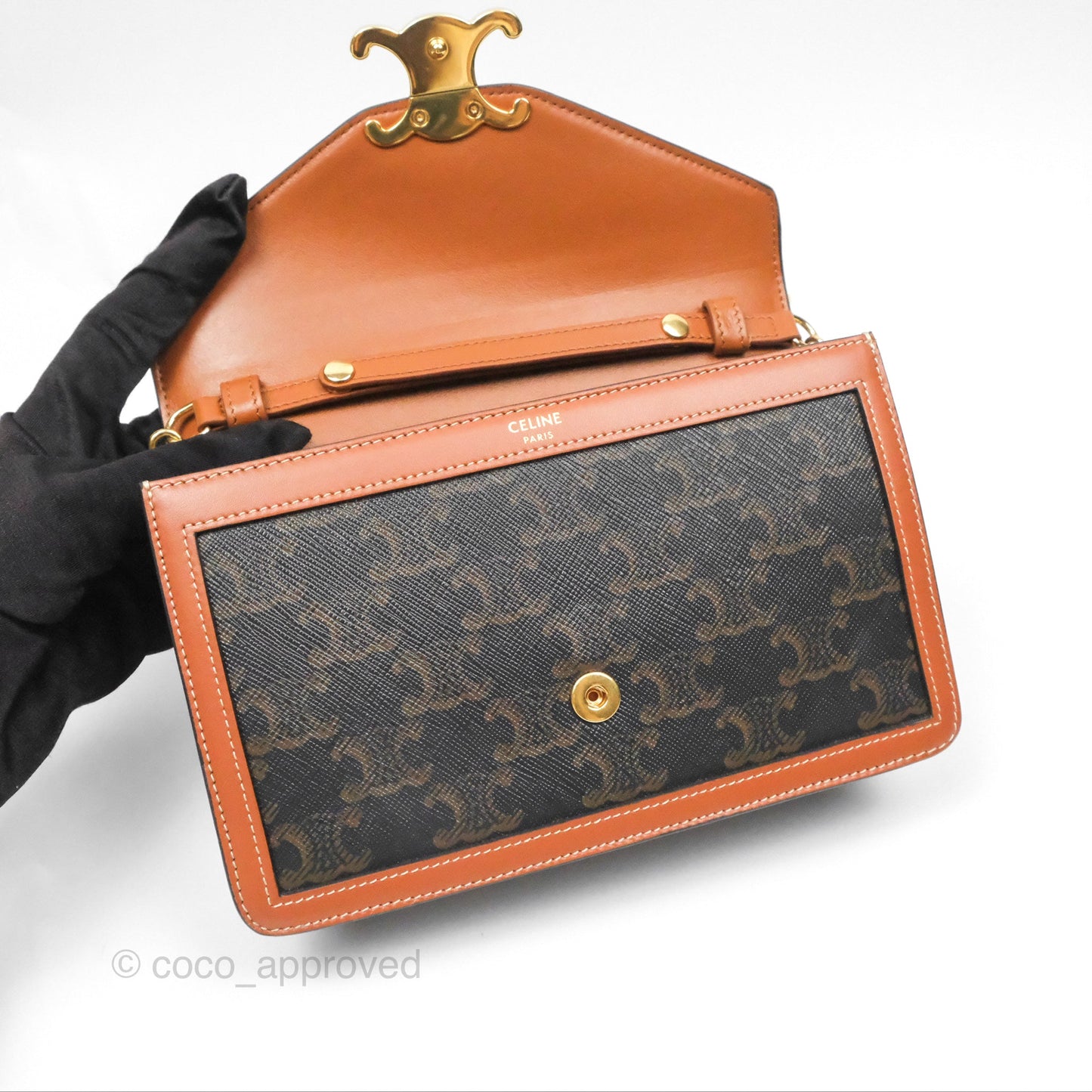 Celine Triomphe Wallet On Chain Canvas Tan Calfskin