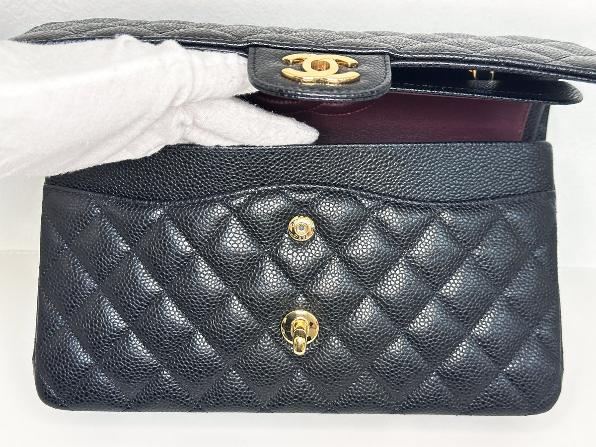 Chanel Medium Size Classic Quilted Caviar Double Flap Bag Black L9TX microchip