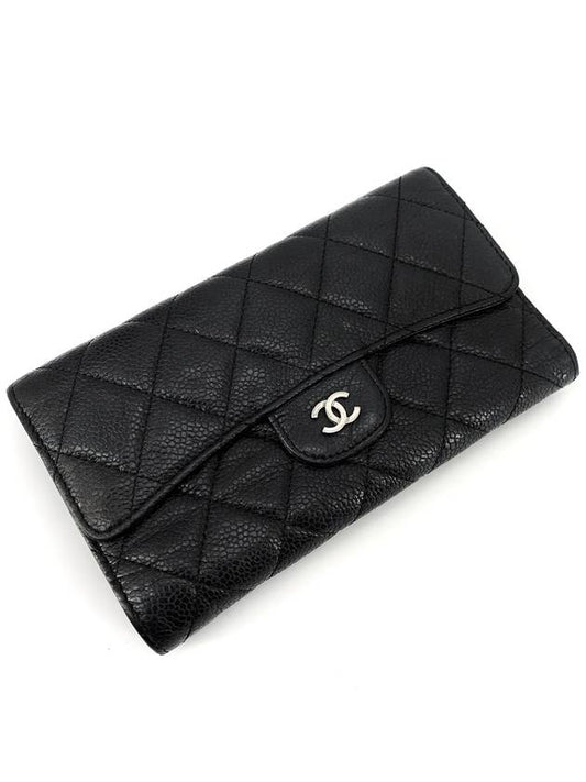 Classic Caviar Silver Logo Flap Long Wallet Chanel