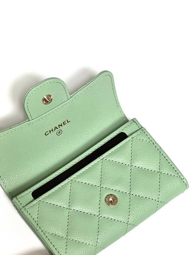 Classic Gold Logo Grained Shiny Calfskin Card Wallet Light Green Chanel