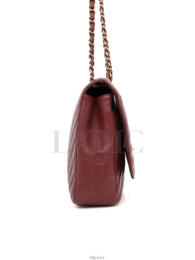 Diagonal Chevron Quilted Chain Flap Shoulder Bag Red Gold Chanel