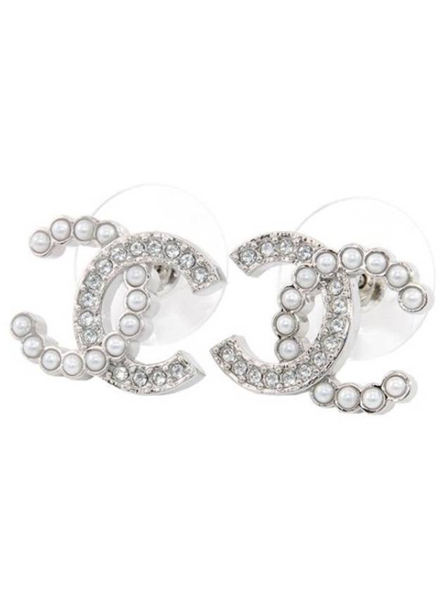 CC Logo Pearl Crystal Earrings Silver Chanel