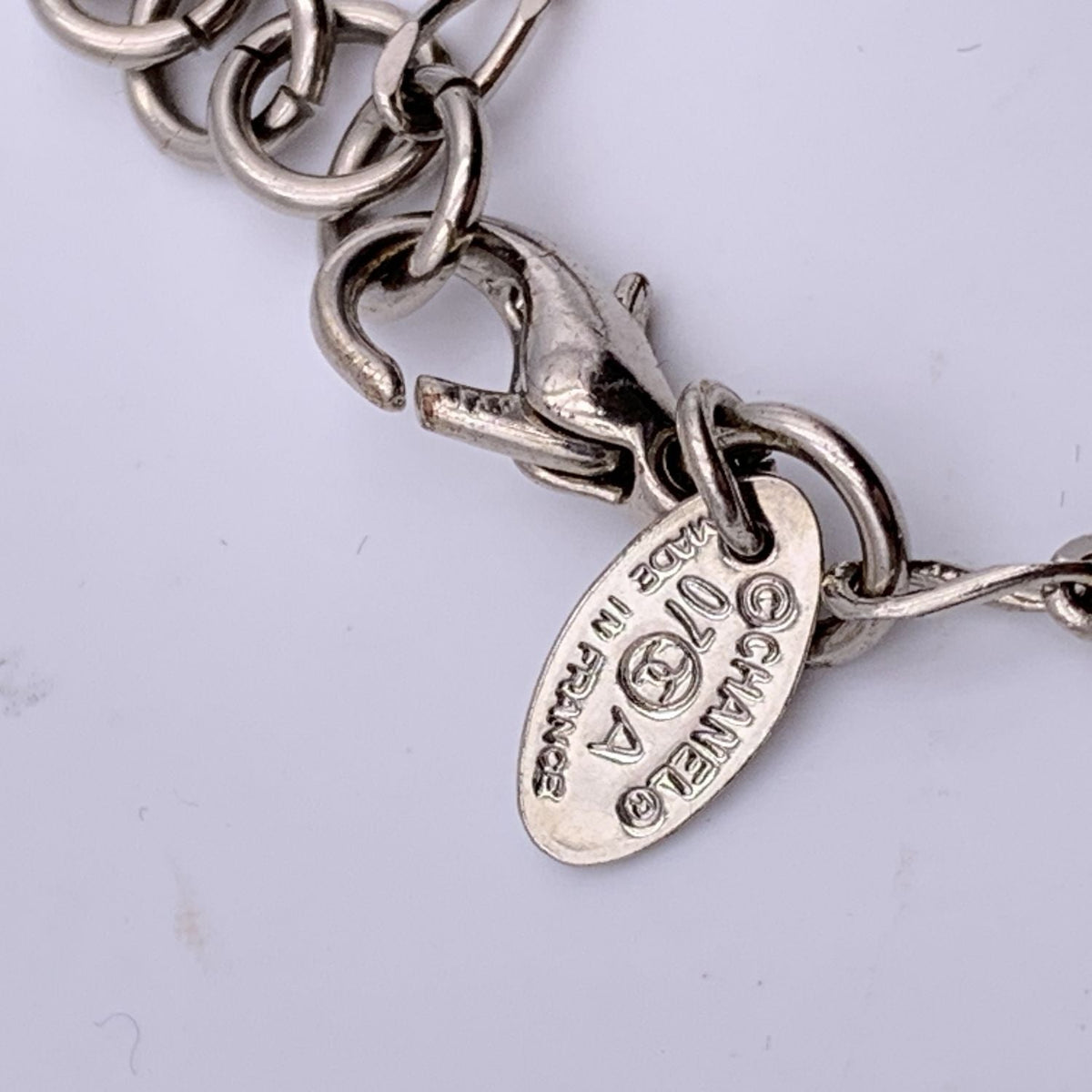CHANEL Silver Metal Chain Necklace With Charms Cc Logo Pendant