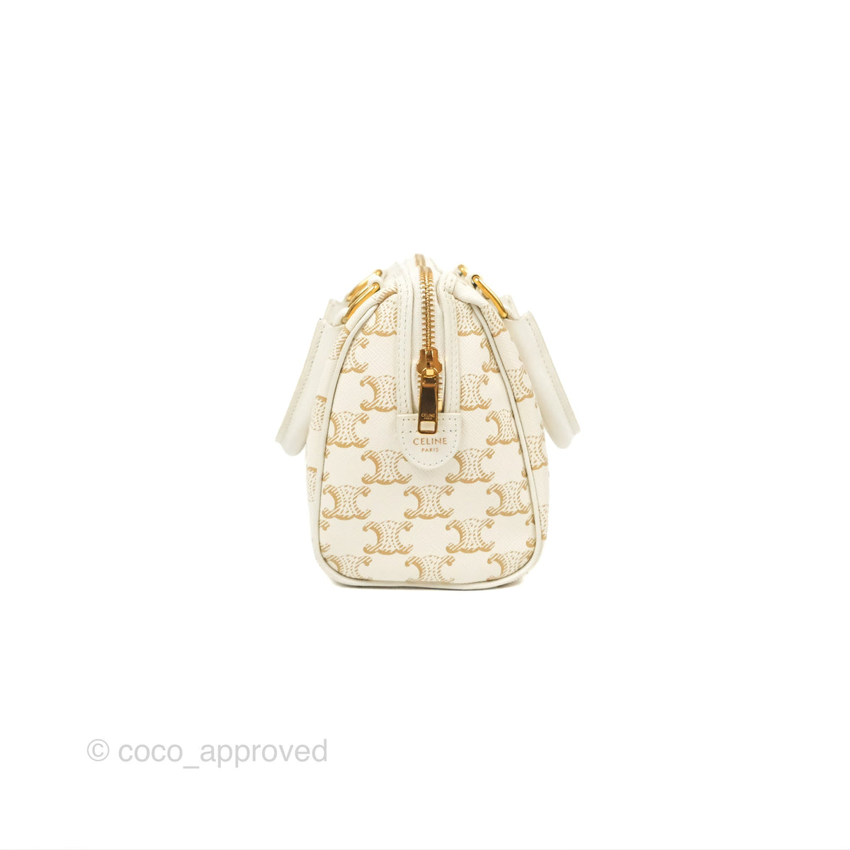 Celine Small Boston Bag White Triomphe Canvas Calfskin