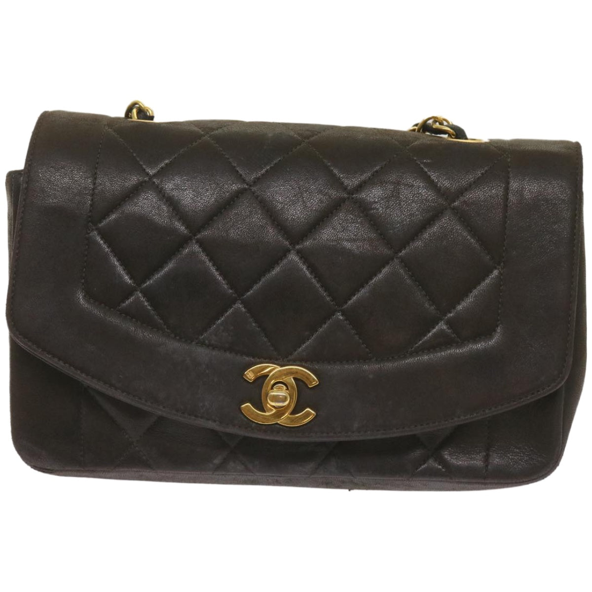 Top Quality Chanel Diana Matelasse Chain Shoulder Bag Leather Black CC Auth 66875