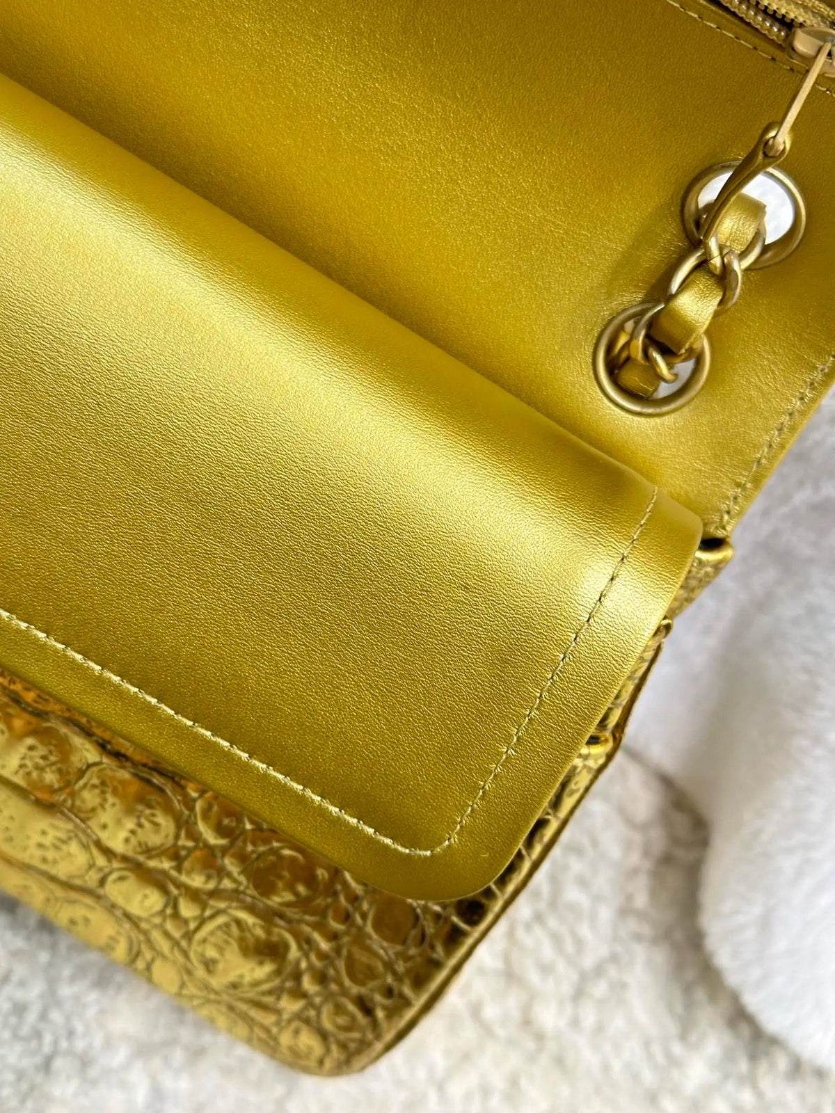 Chanel Medium  Calfskin Crocodile Embossed  Gold Metallic Flap Bag