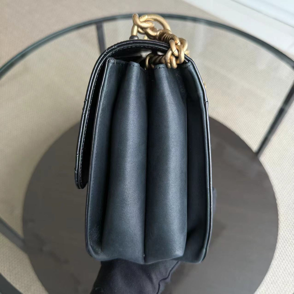 Chanel Seasonal Flap Jumbo - 30CM Glazed Calfskin Quilted Straight Line Black Gold Hardware Series 23