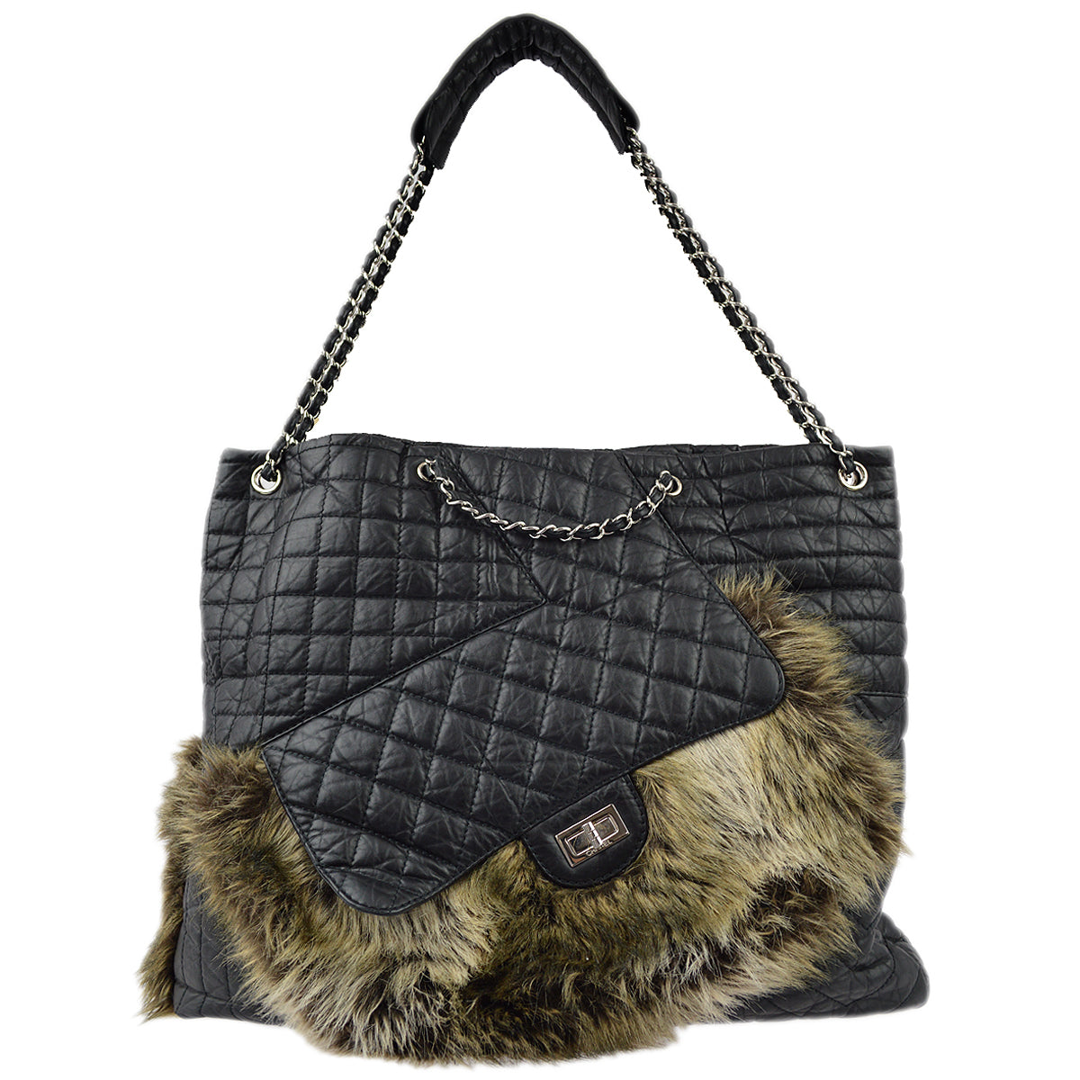 Chanel * Black Calfskin Fur 2way Shoulder Tote Handbag