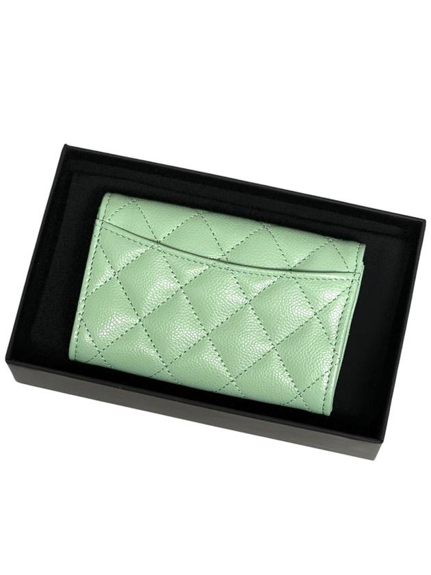Classic Gold Logo Grained Shiny Calfskin Card Wallet Light Green Chanel