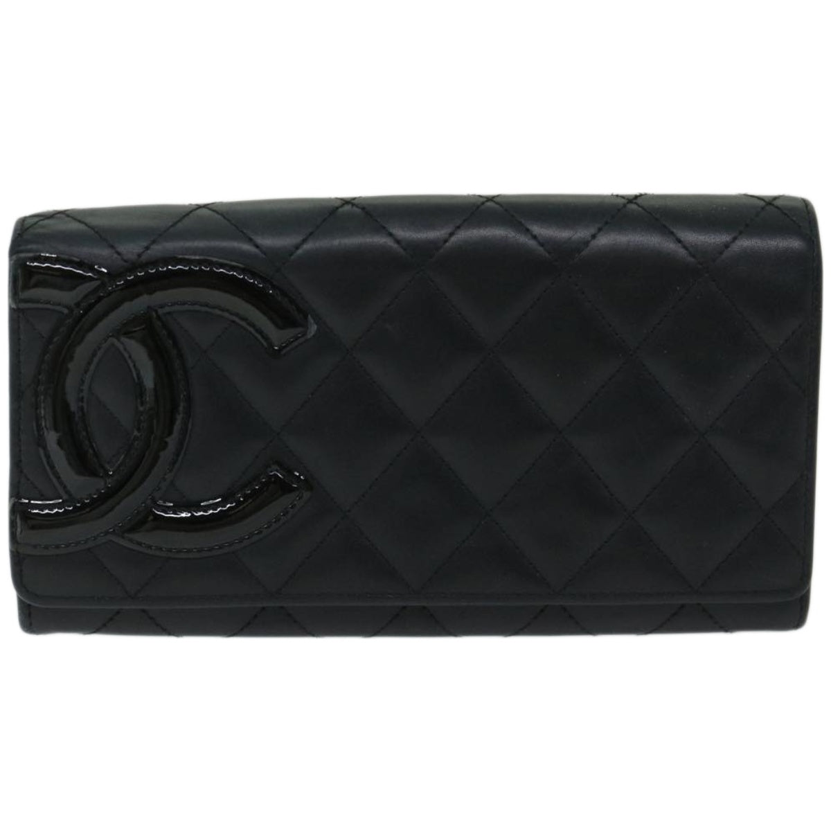 CHANEL Cambon Line Long Wallet Leather Black CC Auth 67567