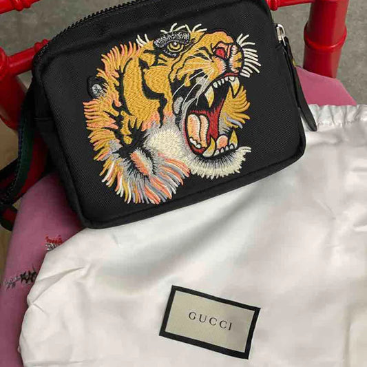 Gucci Tiger Head Embroidered Animal Sling Crossbody Bag, Black Canvas