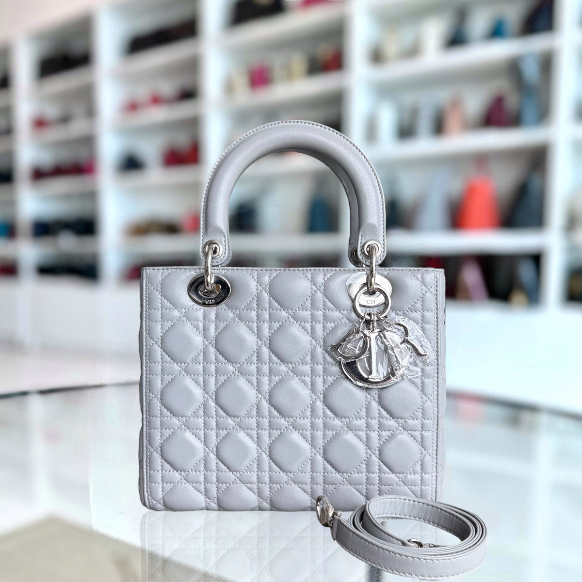 Dior Lady Medium - Cannage Lambskin Grey Gray Silver Hardware