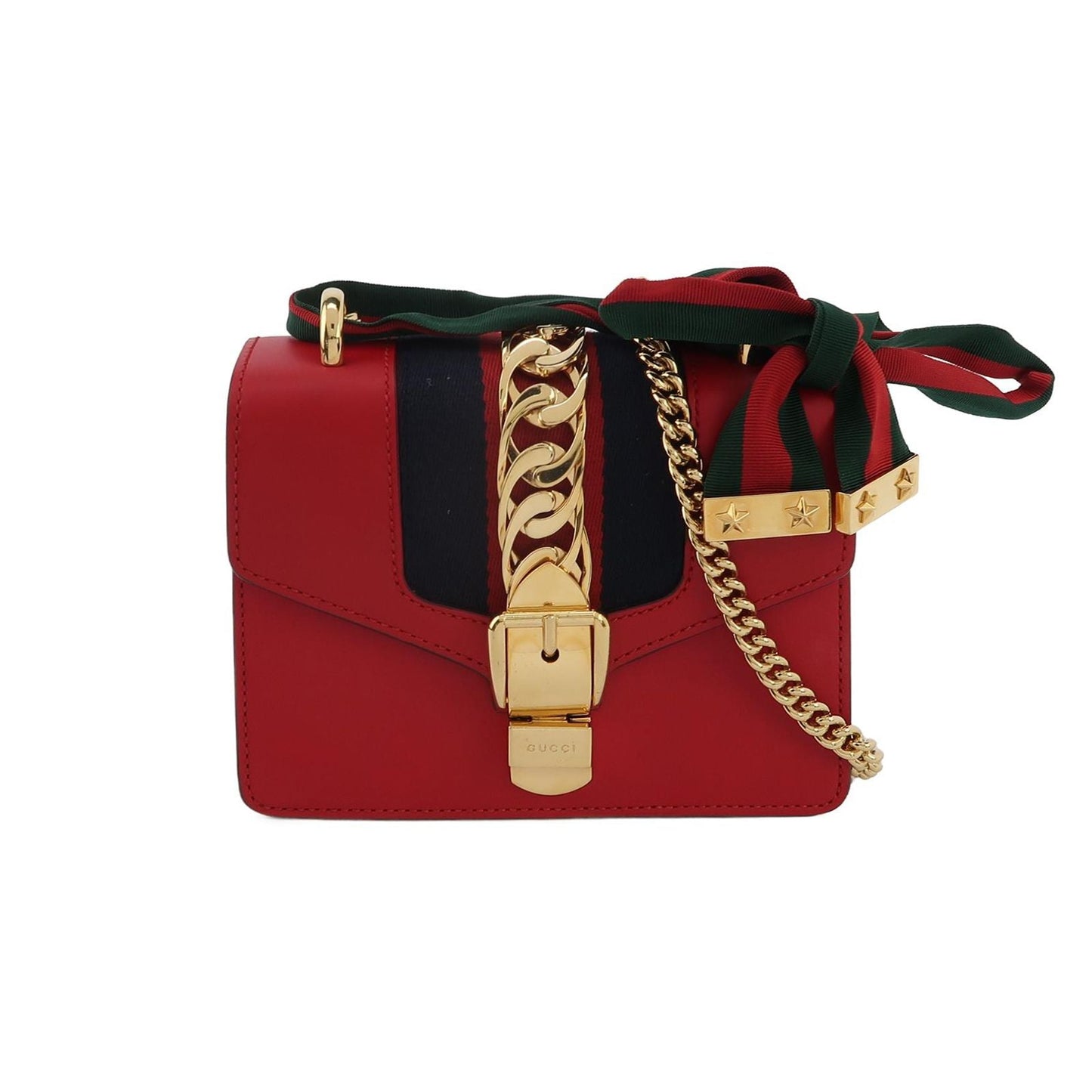 Gucci Sylvie Mini Leather Crossbody Bag with Ribbon and Metal Buckle