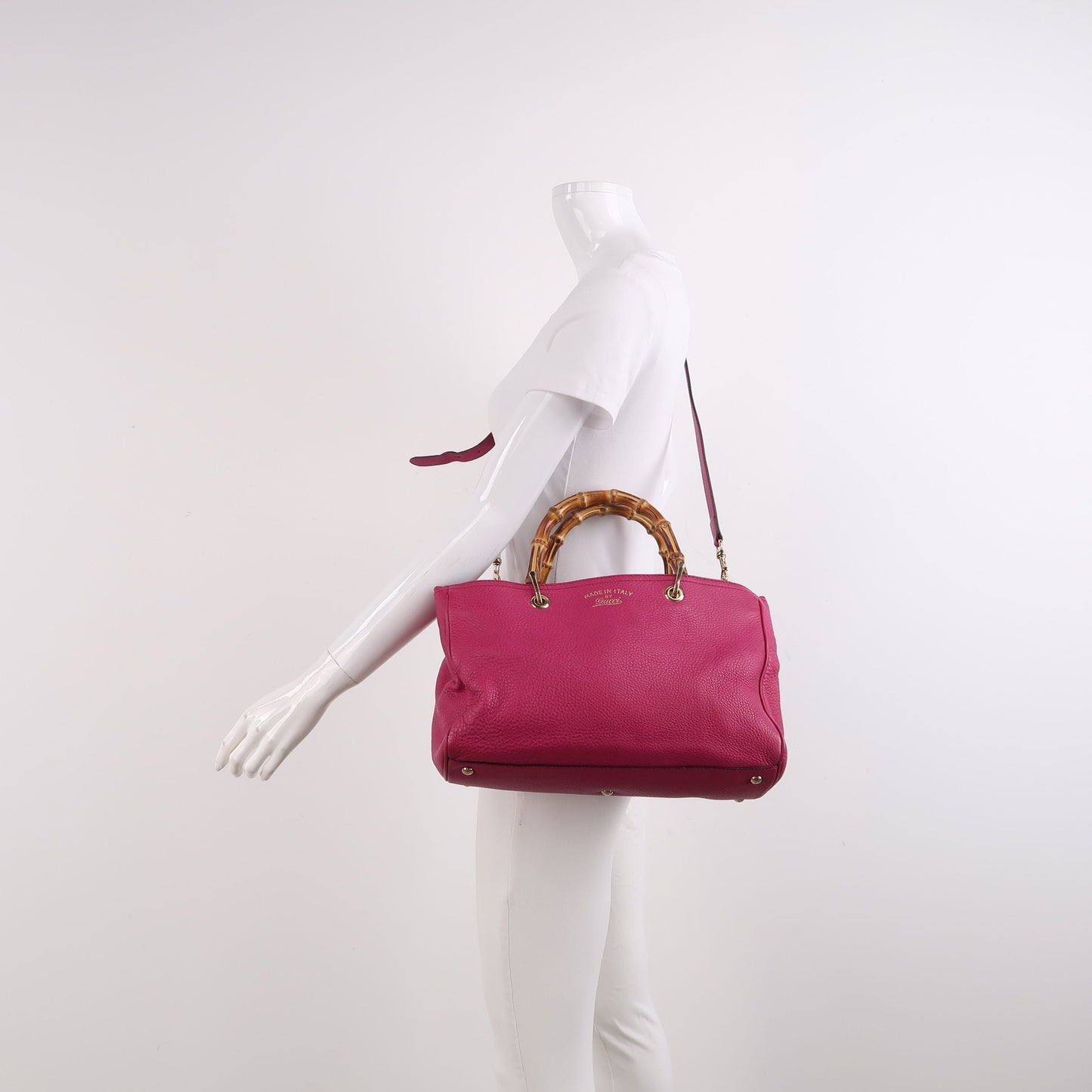 Gucci Miss Bamboo Large Leather Shoulder Bag with Logo and Bamboo Handle