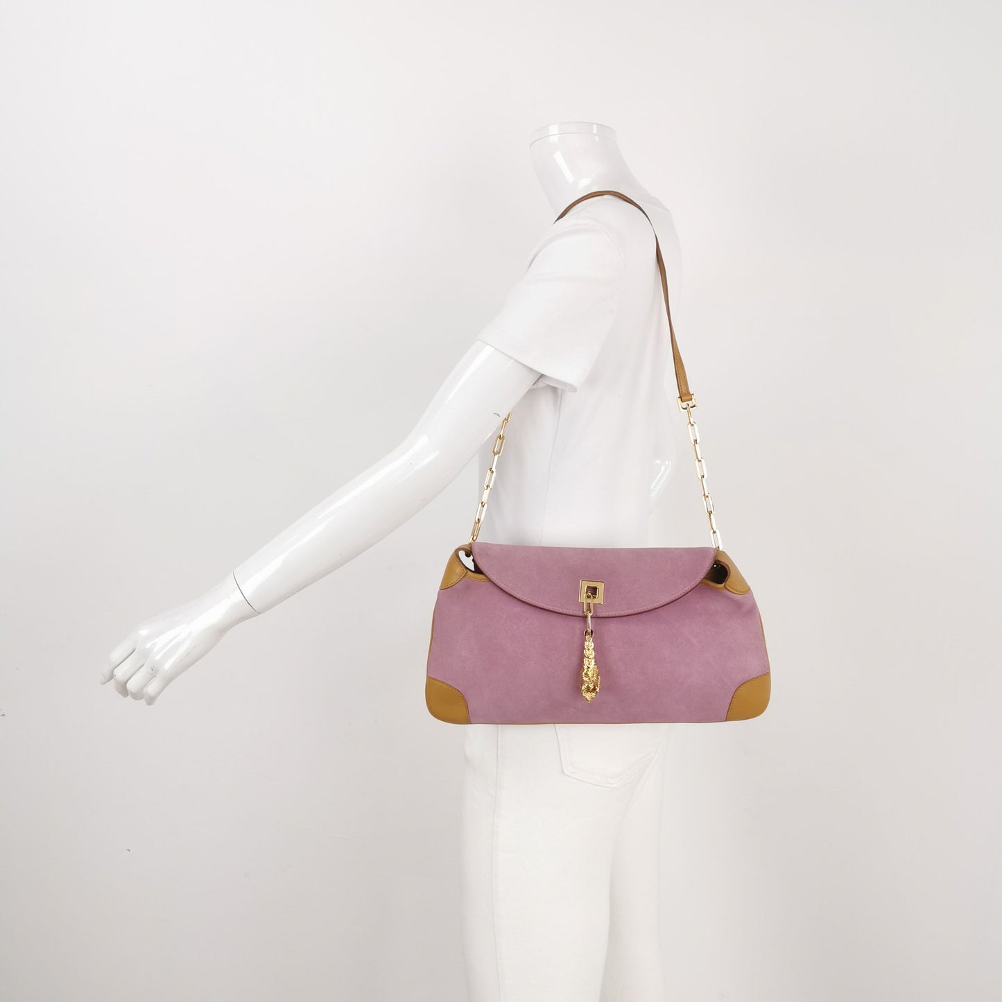 Gucci Suede Leather Tiger Head Pendant Shoulder Bag