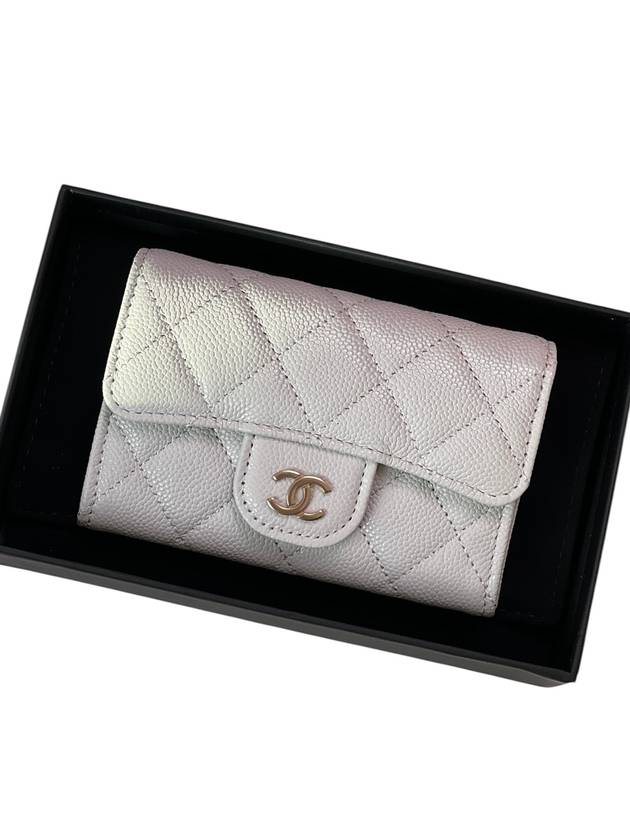 Classic Gold Logo Grained Shiny Calfskin Card Wallet Light Grey Chanel