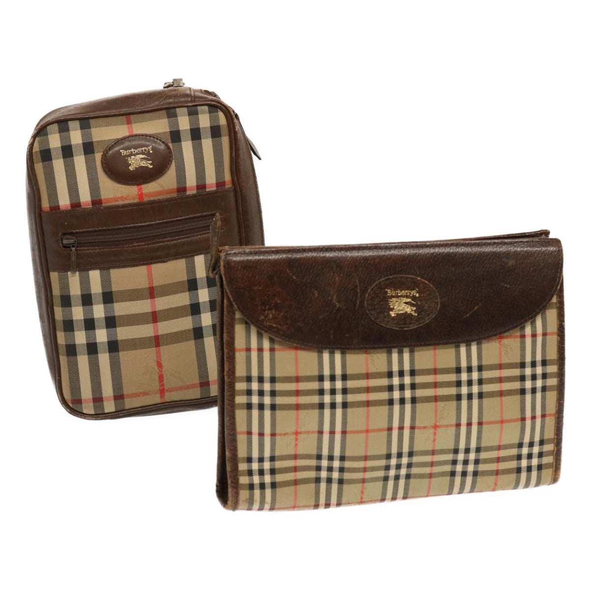 BURBERRY Nova Check Clutch Bag Canvas 2Set Beige Brown Auth 68349