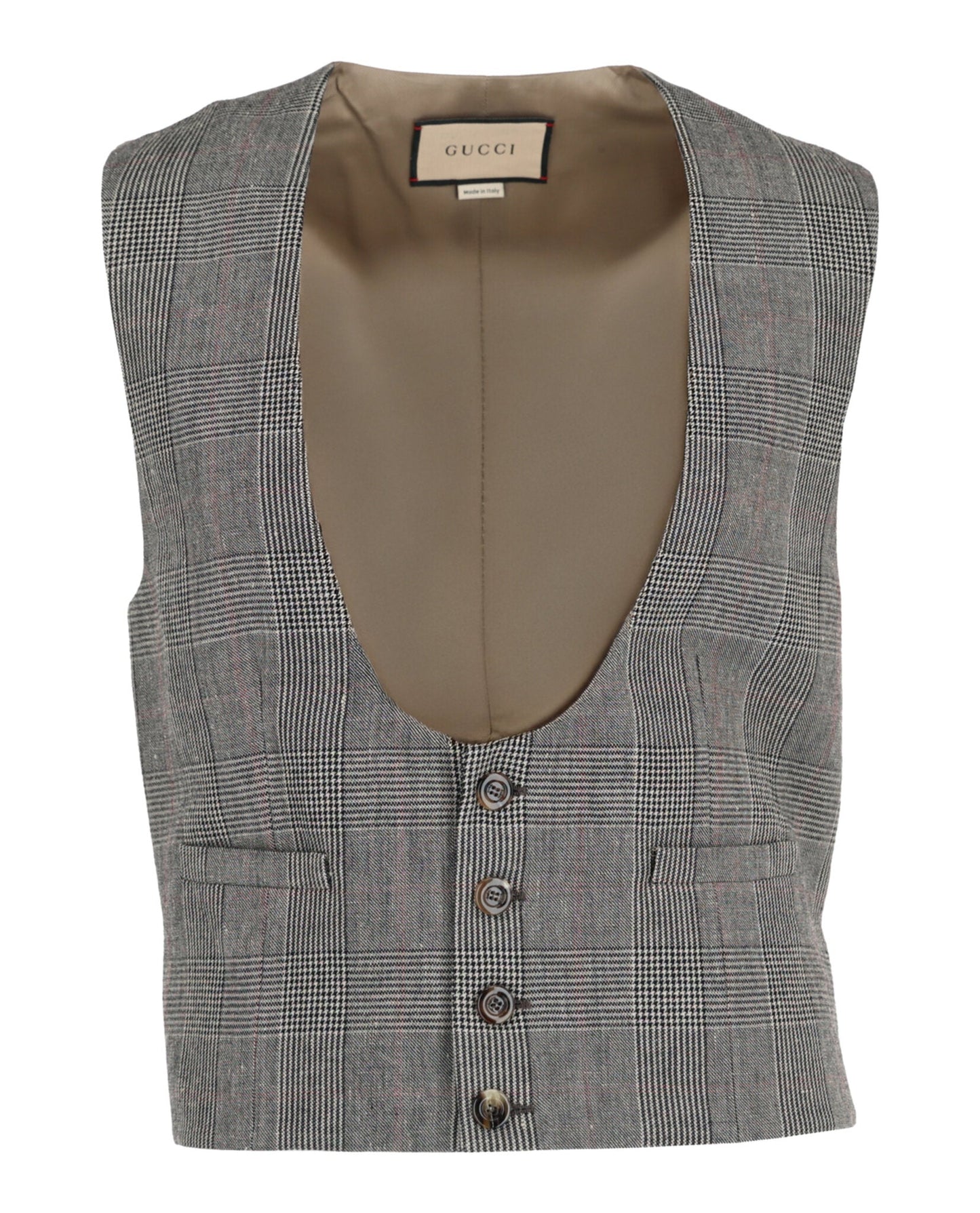 Gucci Mens Wool Blend Plaid Vest Grey Beige