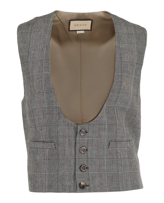 Gucci Mens Wool Blend Plaid Vest Grey Beige