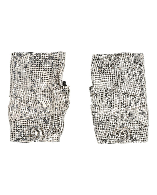 Gucci Womens Double G Mesh Fingerless Gloves Silver