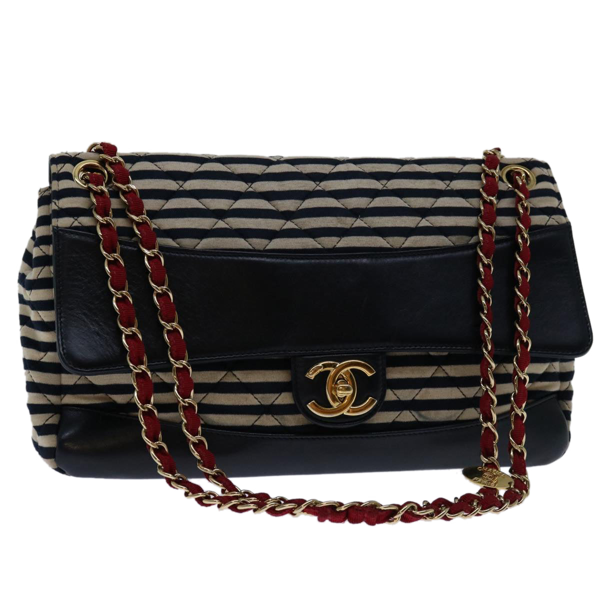CHANEL Matelasse Chain Shoulder Bag Cotton White Navy CC Auth 69062A