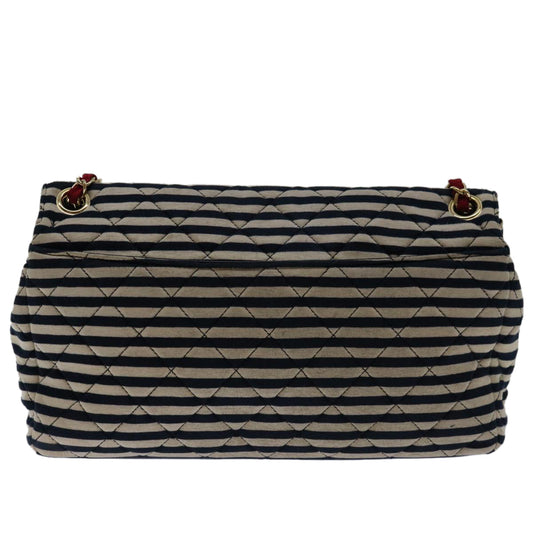 CHANEL Matelasse Chain Shoulder Bag Cotton White Navy CC Auth 69062A