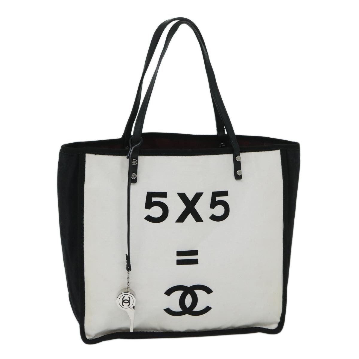 CHANEL Tote Bag Canvas White Black A92884 CC Auth 69104A