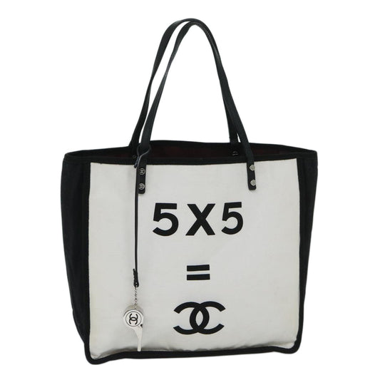 CHANEL Tote Bag Canvas White Black A92884 CC Auth 69104A
