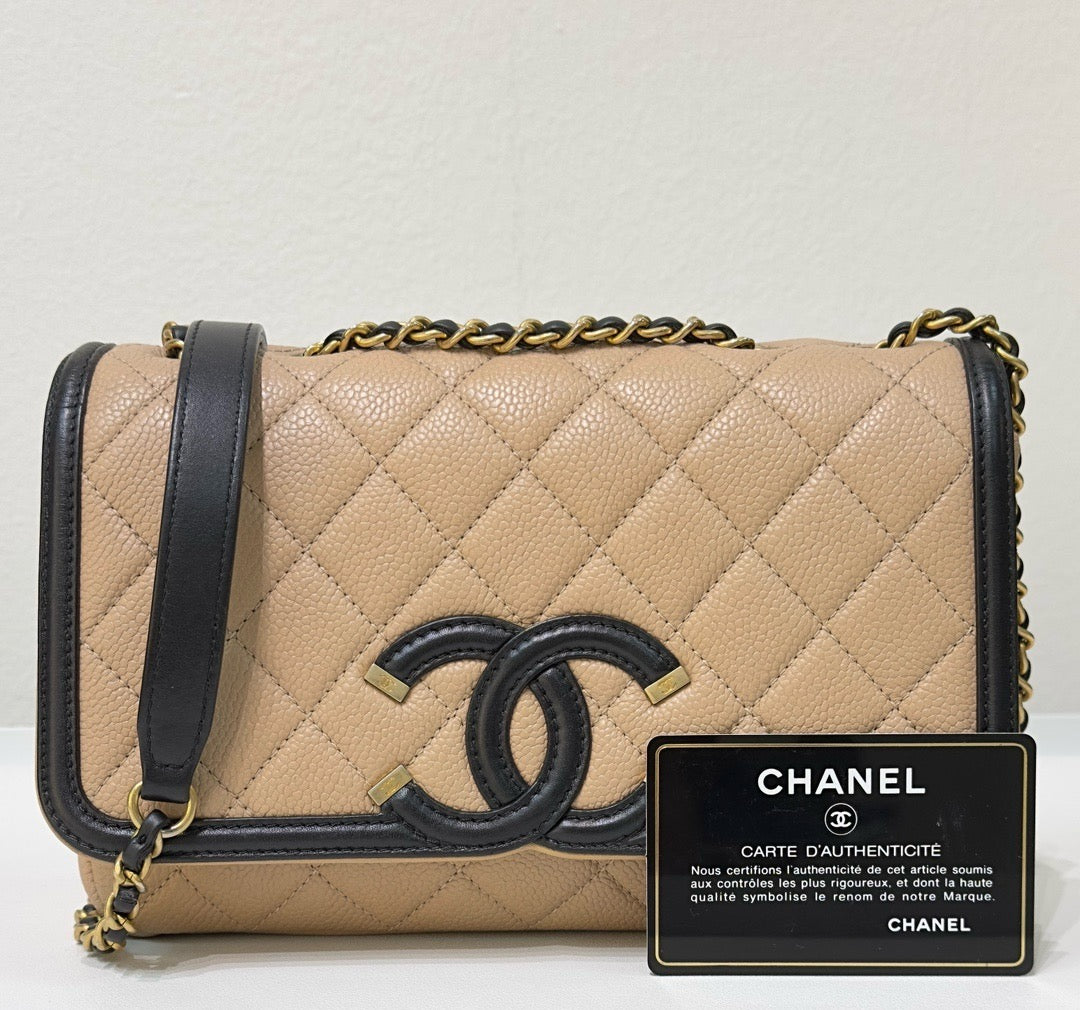 Chanel Small Caviar Quilted CC Filigree Flap Beige Black GHW