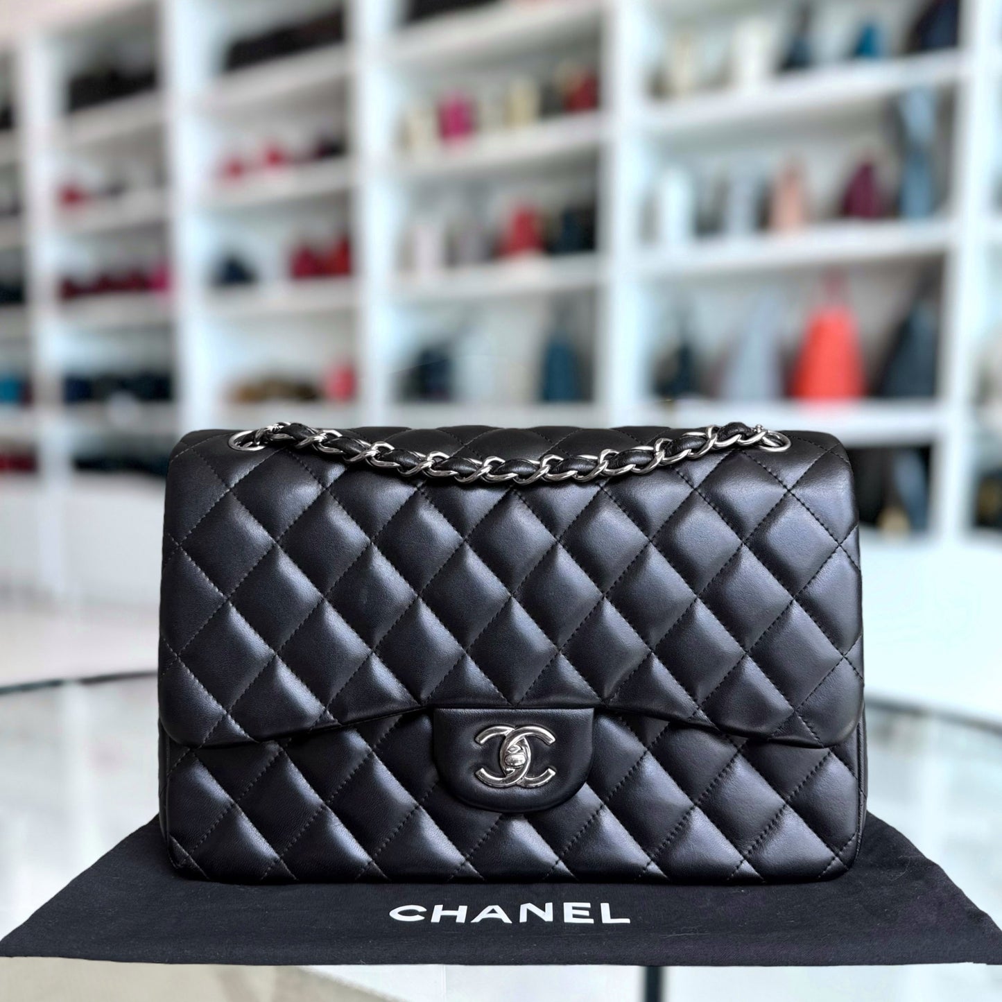 Chanel Classic Flap Jumbo - Double Flap 30CM Quilted Lambskin Black Silver Hardware Series 16