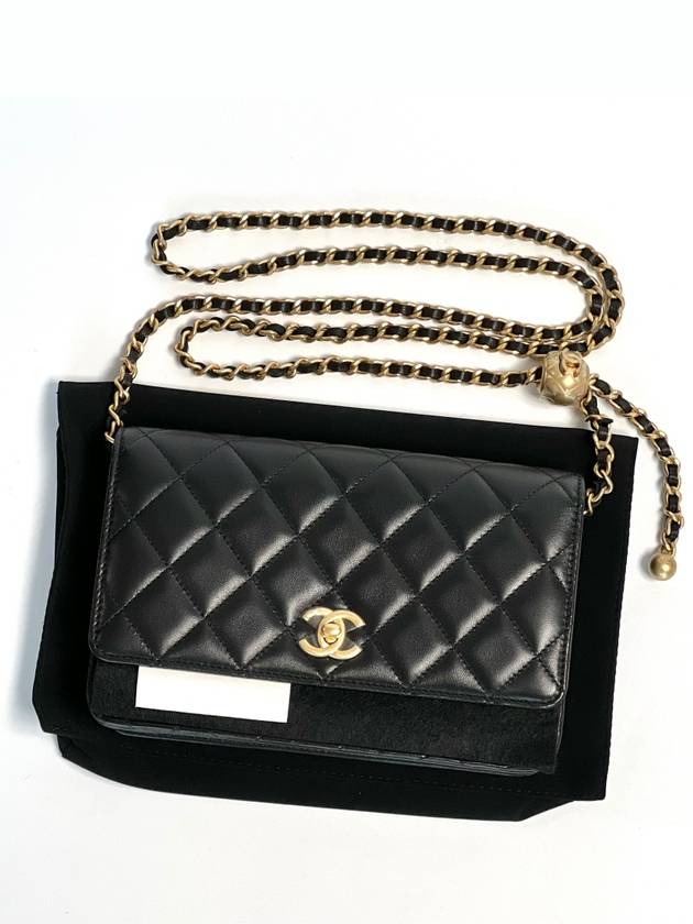 Wallet On Chain Crossbody Bag Lambskin Gold Black Chanel