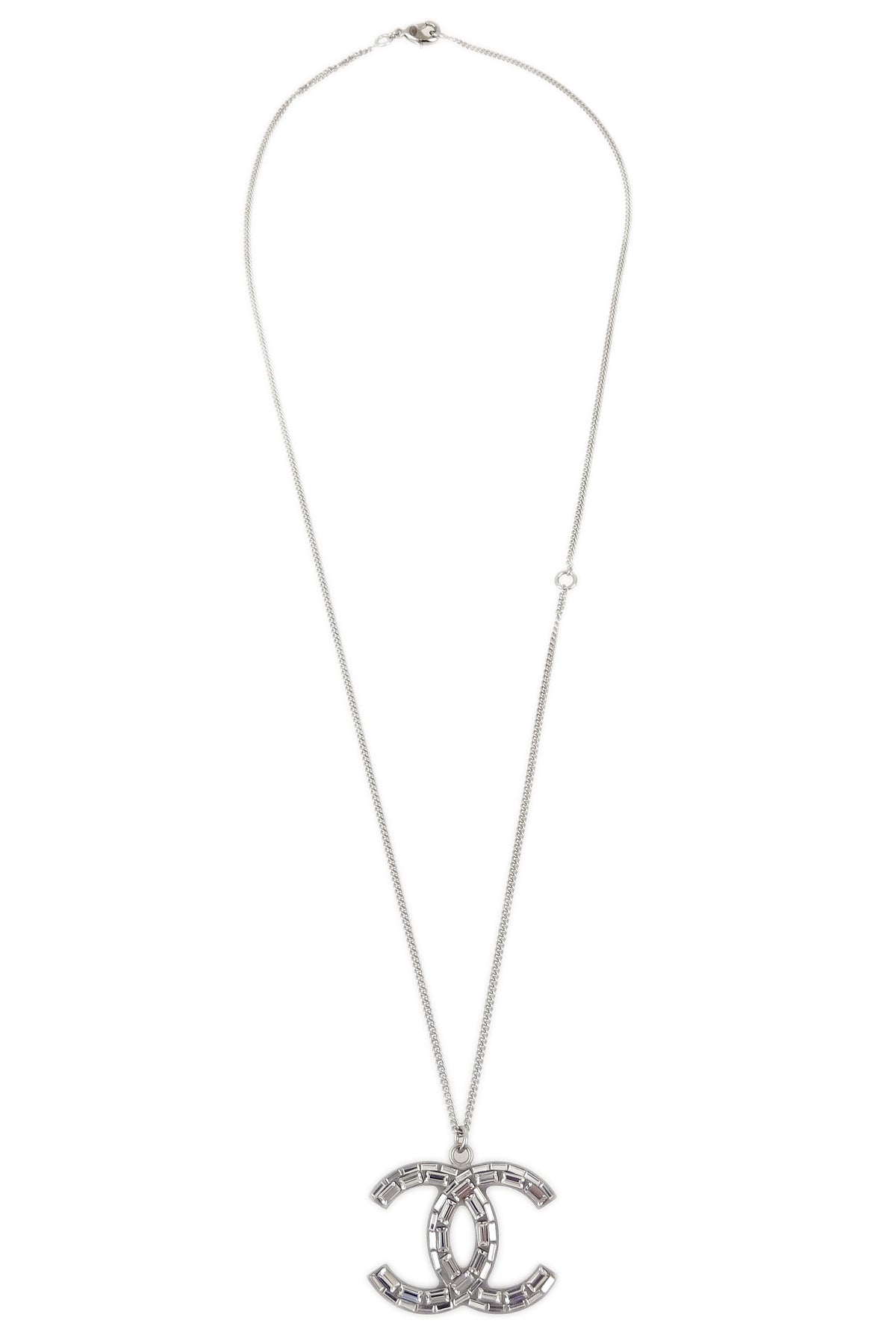 Chanel Silver Necklace Pendant Rhinestone B11P