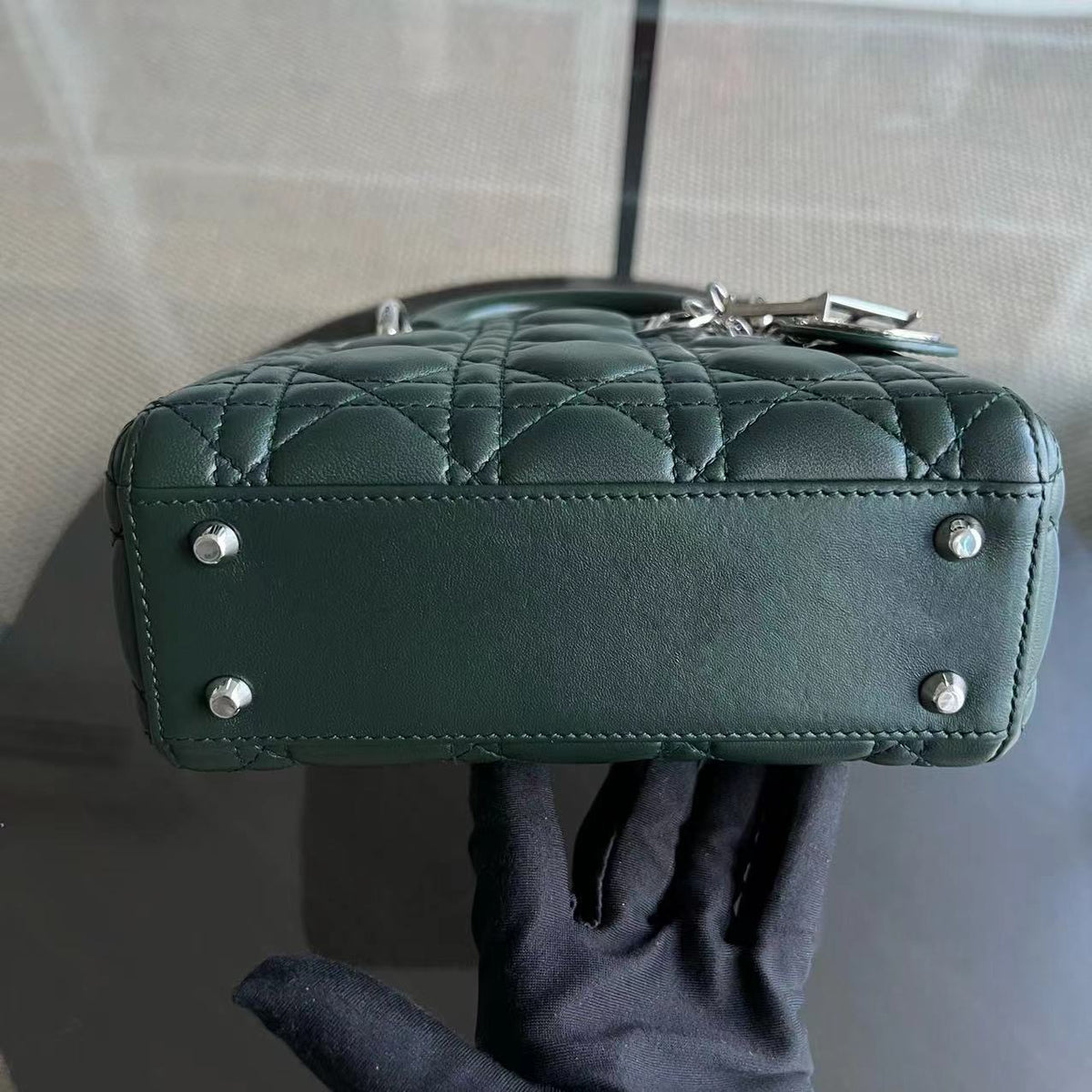 *Full set, Receipt* Lady Mini Lambskin Dark Green Silver Hardware Chain Strap