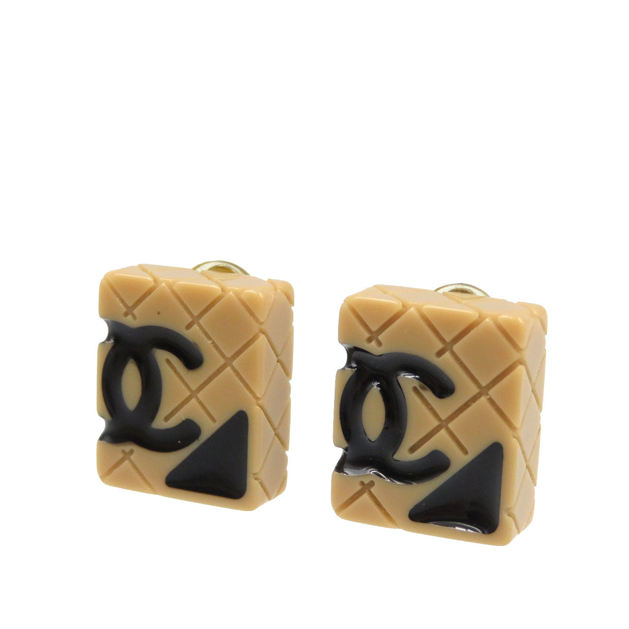CHANEL Earring Plastic, Gold Plated beige Cambon line