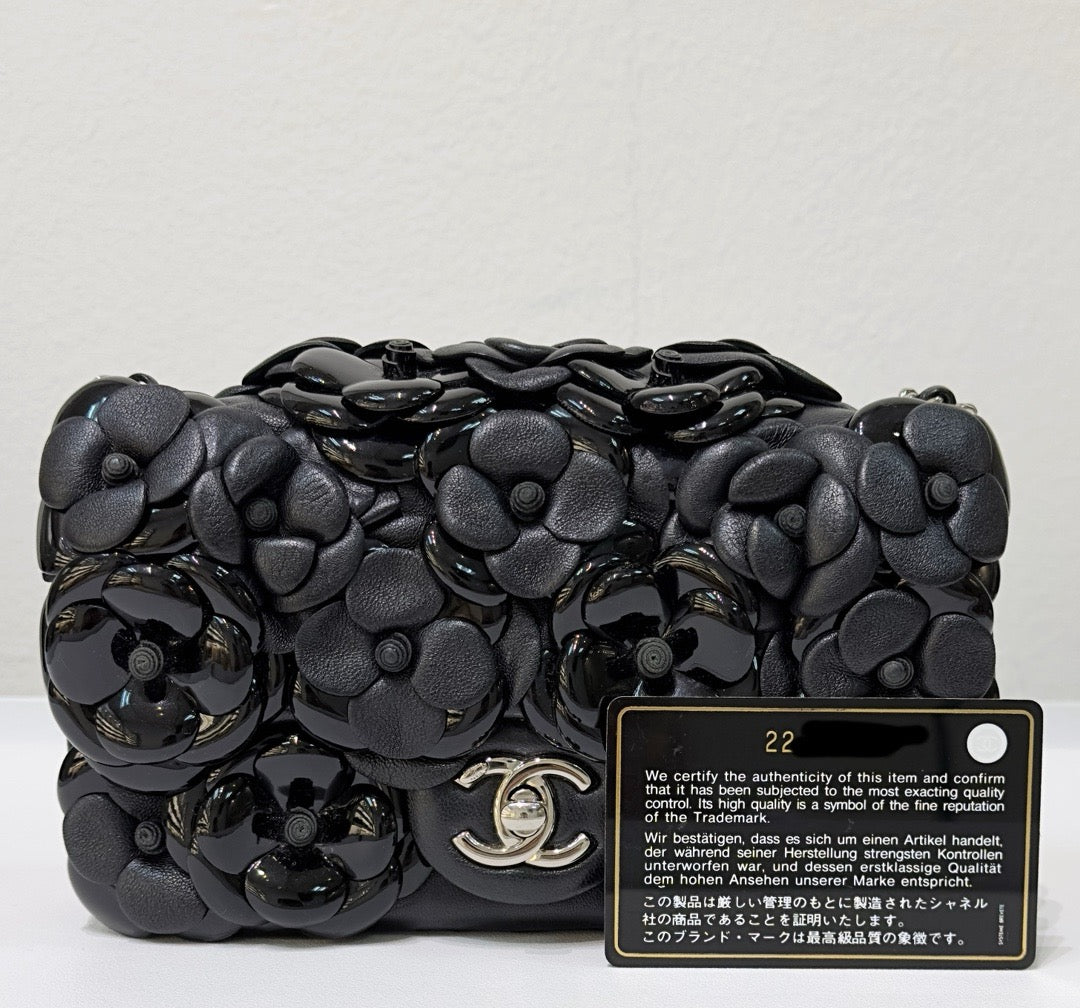 Chanel Mini Limited Edition Black Camellia  Lambskin Flap Bag
