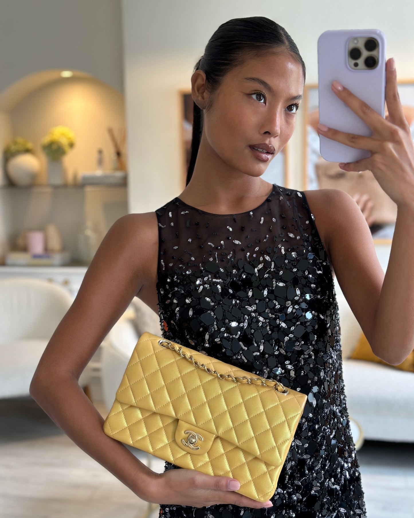 *HOT* Chanel Iridescent Mustard Yellow Medium Double Flap Bag in Lambskin Leather with Champagne Gold Hardware