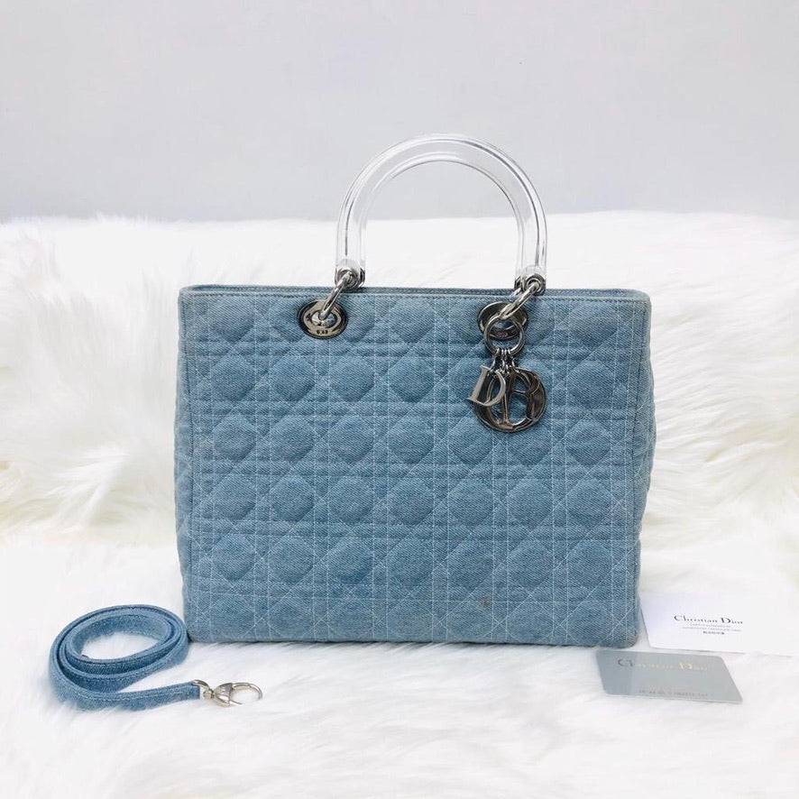 Lady Dior Large Vintage Denim Quilted Cannage tote with strap and acrylic handle GHW