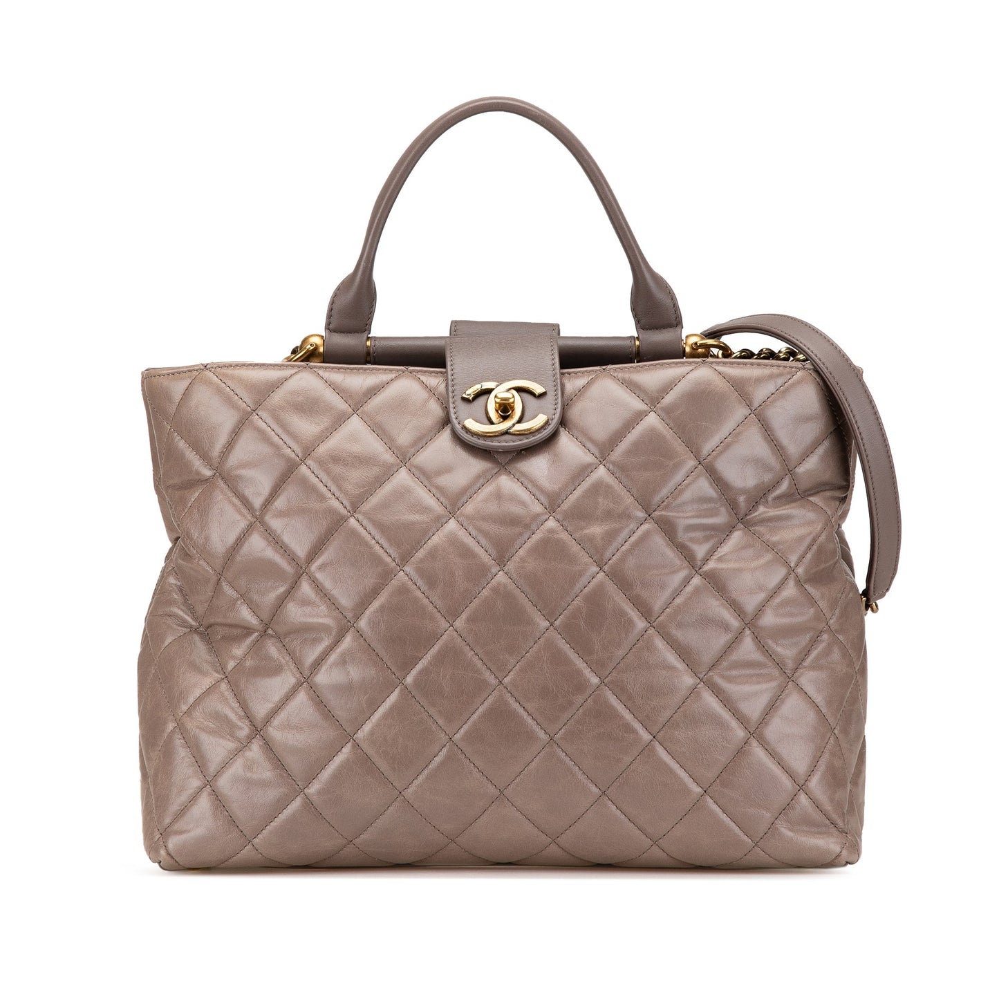 Taupe Chanel Quilted Glazed Calfskin Gold Bar Tote Satchel