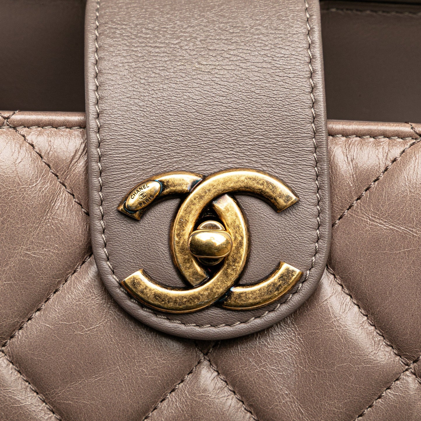 Taupe Chanel Quilted Glazed Calfskin Gold Bar Tote Satchel