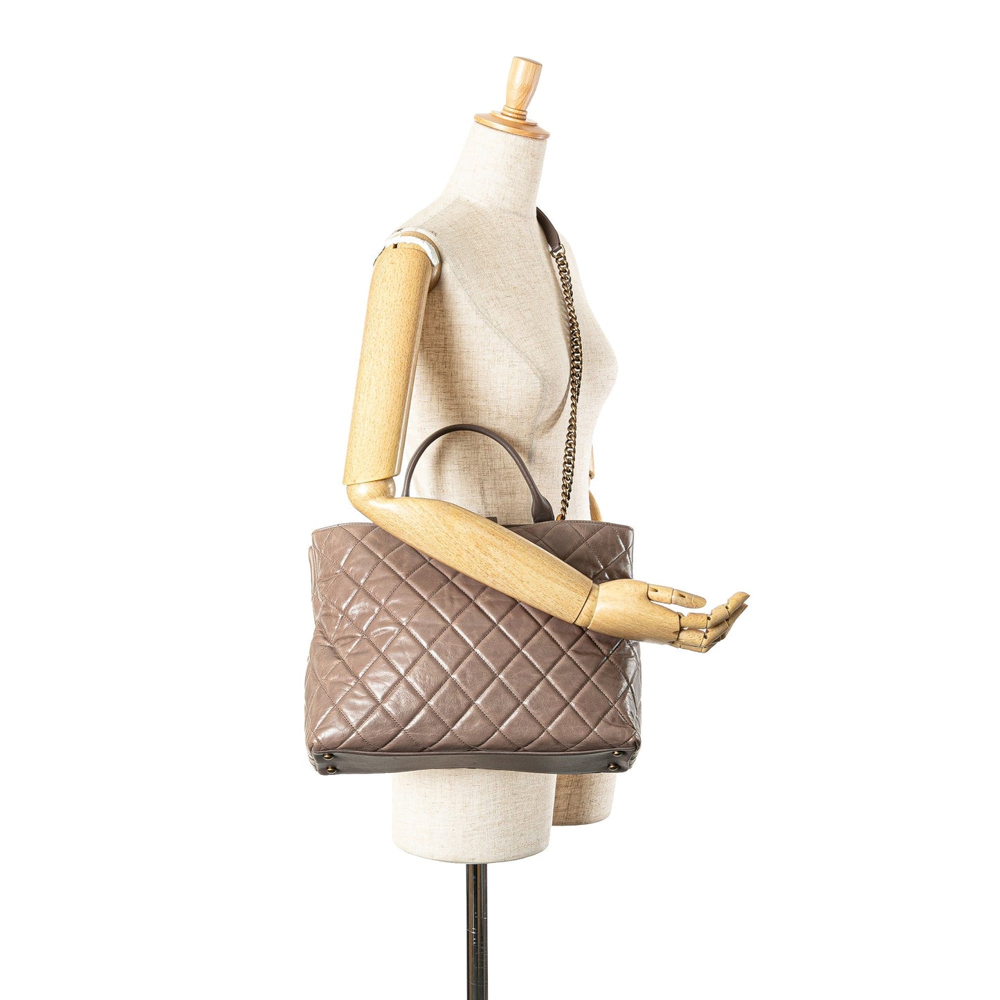 Taupe Chanel Quilted Glazed Calfskin Gold Bar Tote Satchel