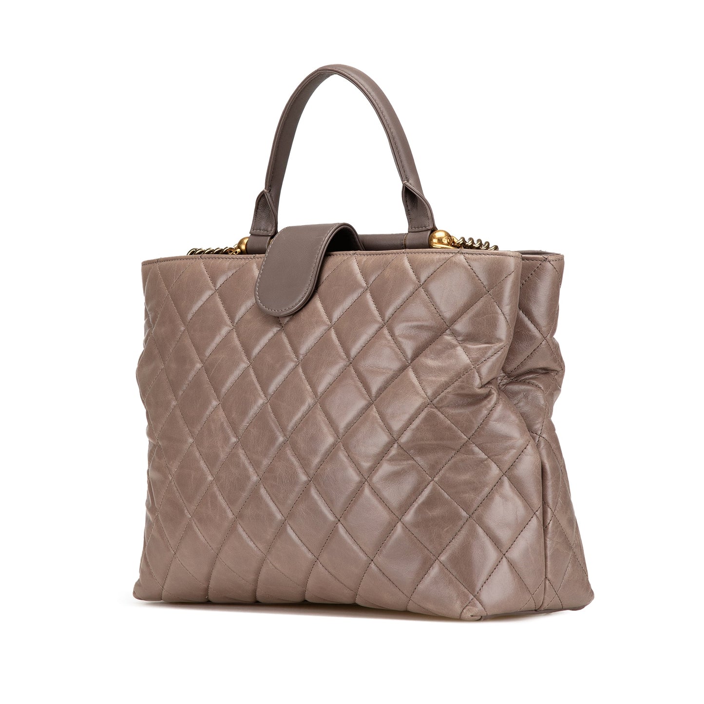 Taupe Chanel Quilted Glazed Calfskin Gold Bar Tote Satchel