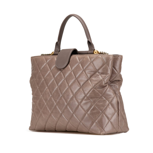Taupe Chanel Quilted Glazed Calfskin Gold Bar Tote Satchel