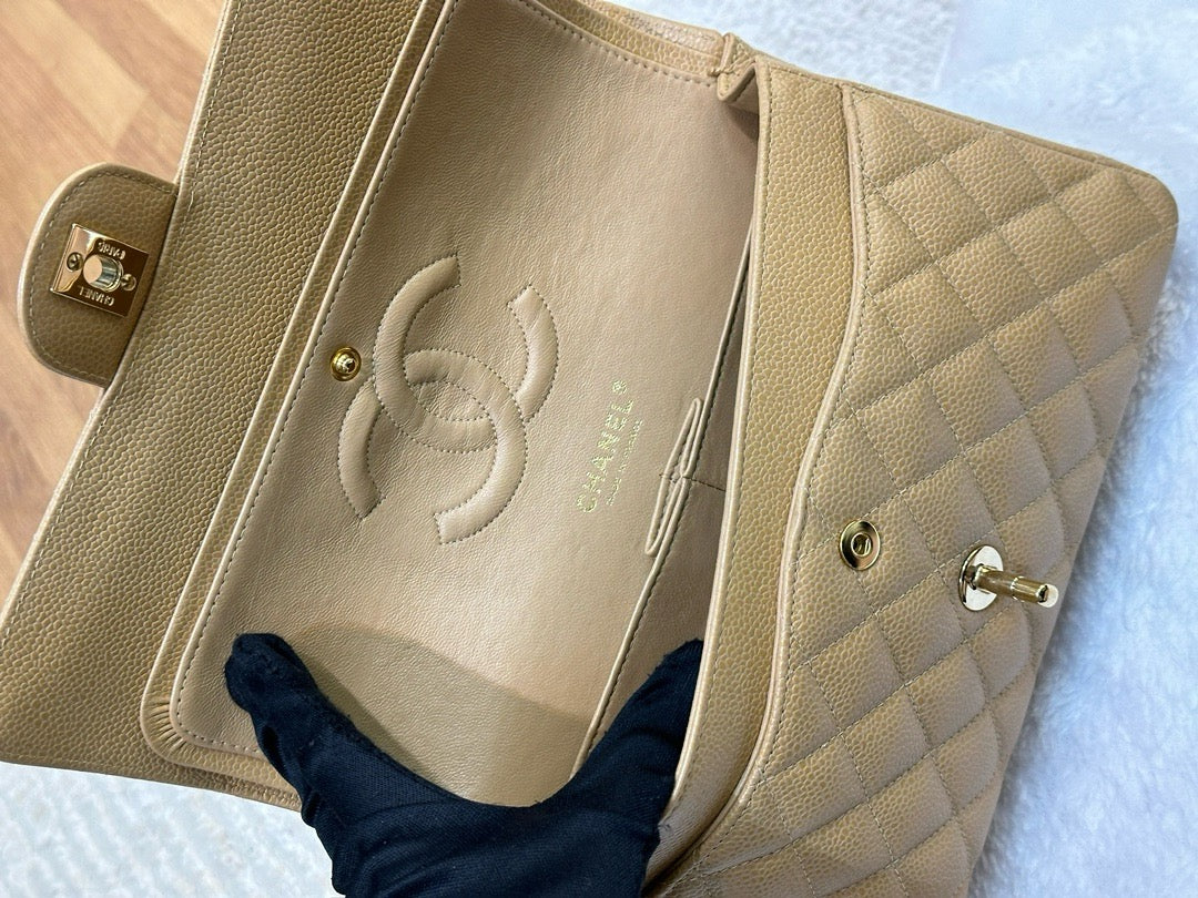 Chanel Medium Caviar Quilted Double Flap Beige Bag 866 Holo