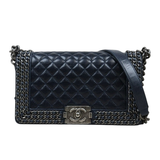 Good ( Rank AB)｜CHANEL Caviar Skin  LeBoy Chain Shoulder Bag Medium Blue  Made In 2014-2015 Year｜P25031404