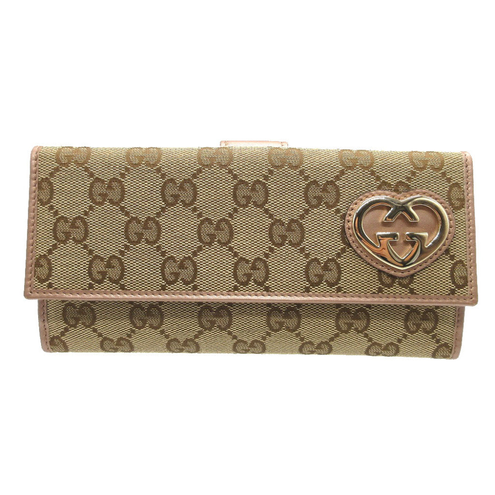 GUCCI Long Wallet Purse 245723 GG canvas, leather beige W Hook Wallet  Lovely heart Women Used
