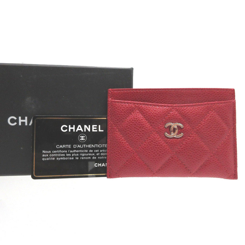 CHANEL Card Case Caviar skin Red Pass case Women Used