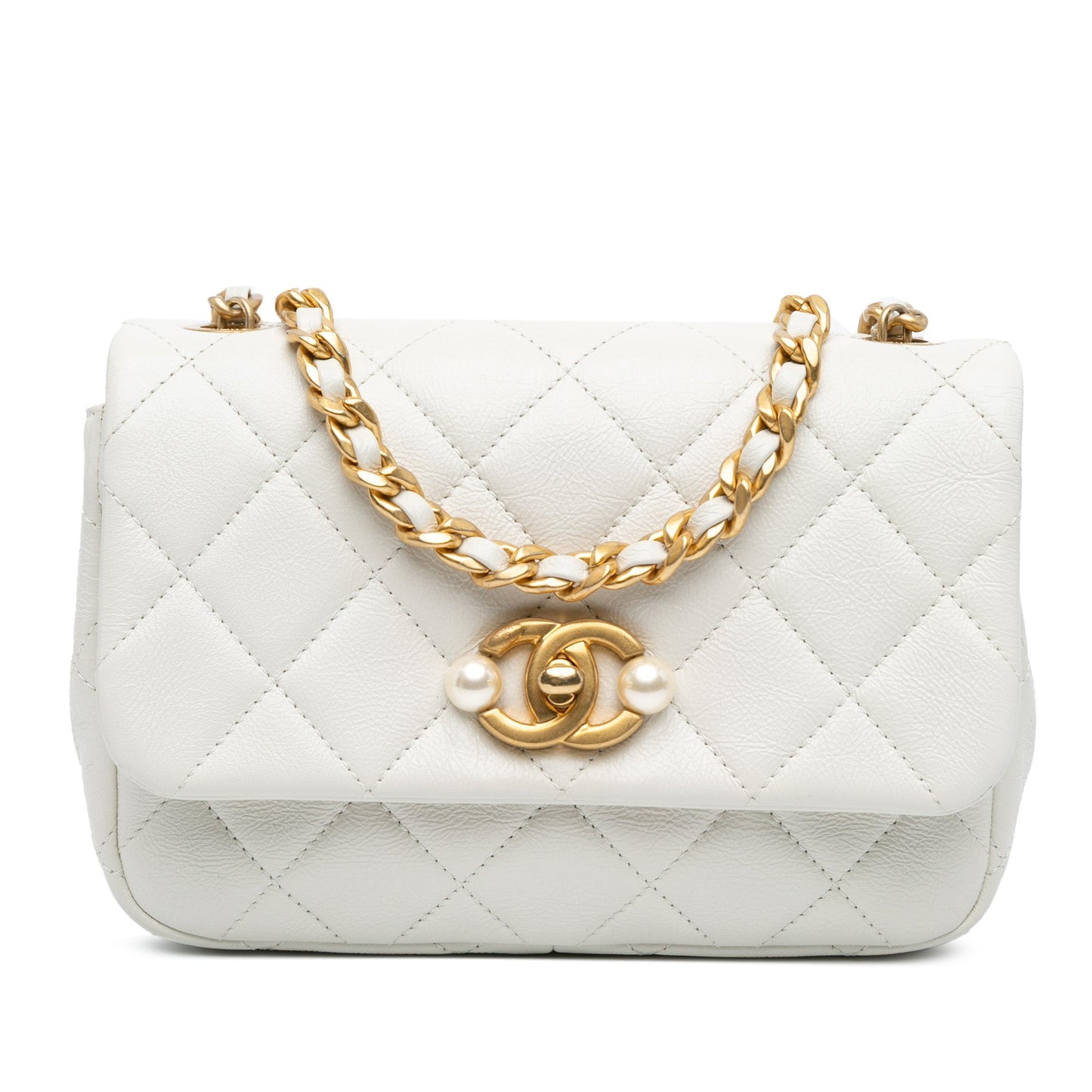 White Chanel Mini Glazed Calfskin Pearl Side Flap Crossbody Bag