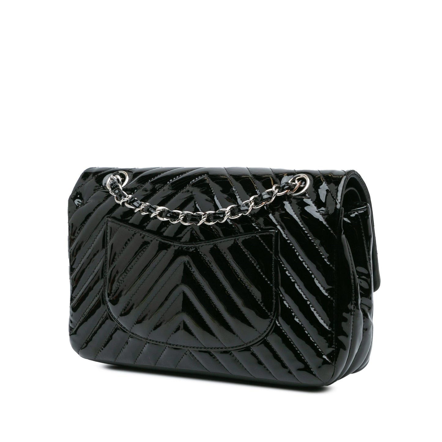 Black Chanel Medium Classic Chevron Patent Double Flap Shoulder Bag