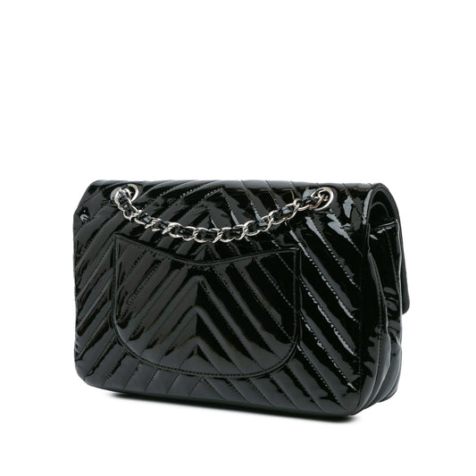 Black Chanel Medium Classic Chevron Patent Double Flap Shoulder Bag