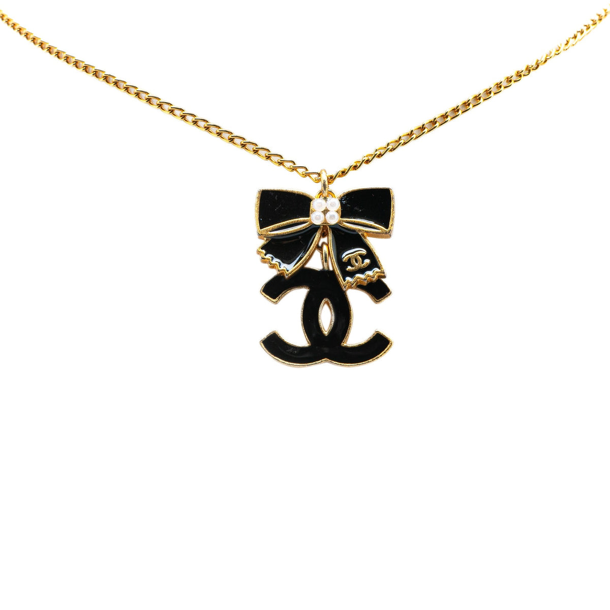 Gold Chanel Gold Plated and Enamel CC Ribbon Pendant Necklace
